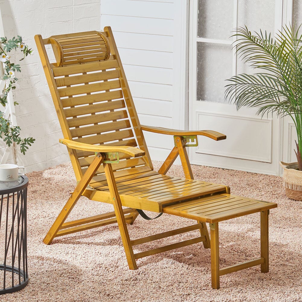 Foldable Bamboo Recliner Lounge Chair with Retractable Footrest - House Comfort