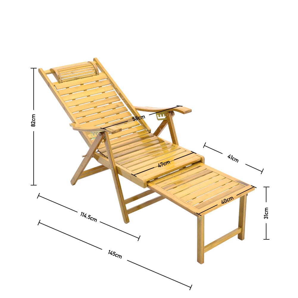 Foldable Bamboo Recliner Lounge Chair with Retractable Footrest - House Comfort