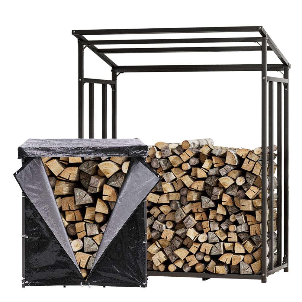 Garden Metal Tube Firewood Rack with PE Cover Roof - House Comfort