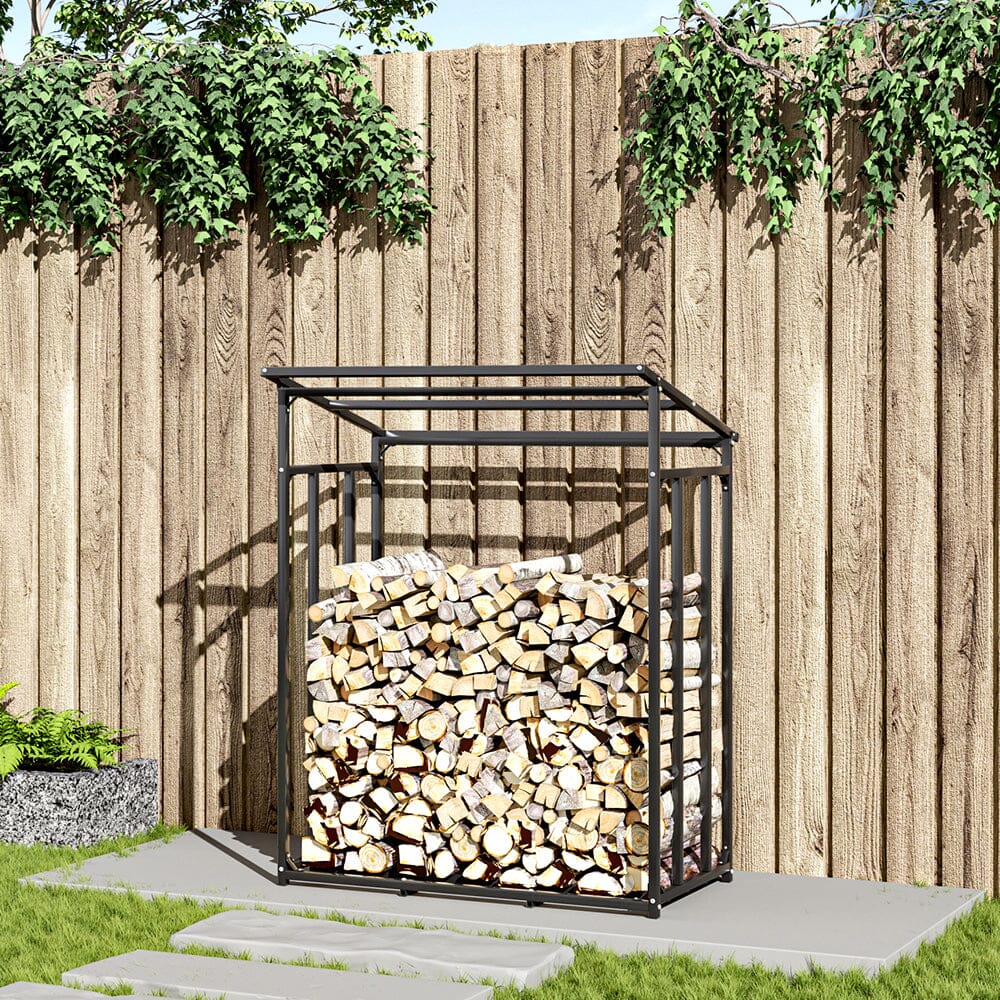 Garden Metal Tube Firewood Rack with PE Cover Roof - House Comfort