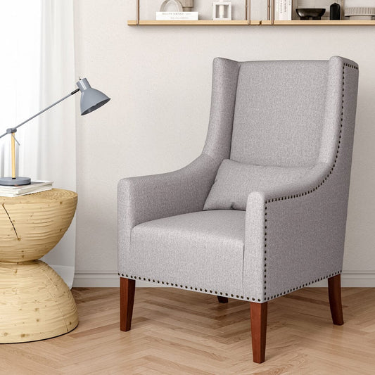 Grey Burlap High Back Studded Armchair with Cushion - House Comfort