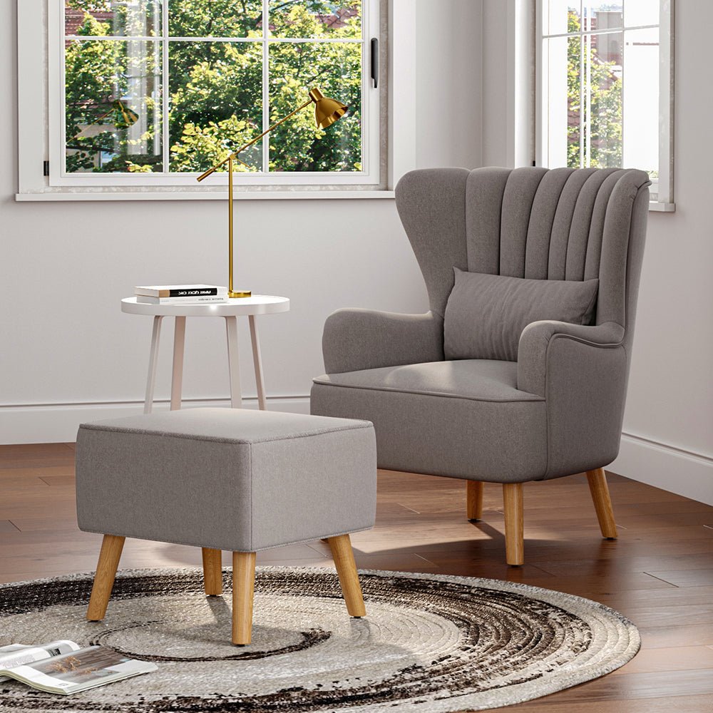 Grey Linen Armchair and Footstool - House Comfort