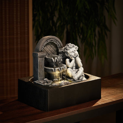 Grey Tabletop Resin Cherub Fountain with LED Light Indoor - House Comfort