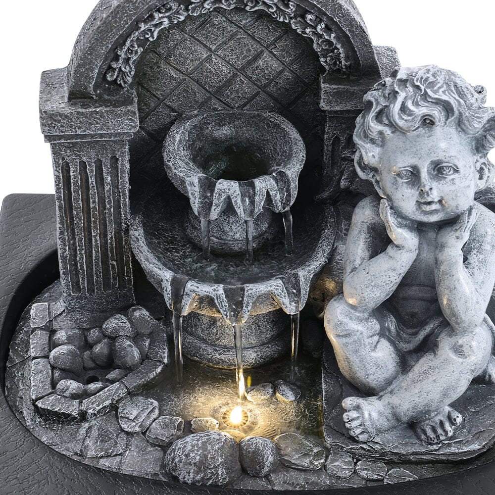Grey Tabletop Resin Cherub Fountain with LED Light Indoor - House Comfort