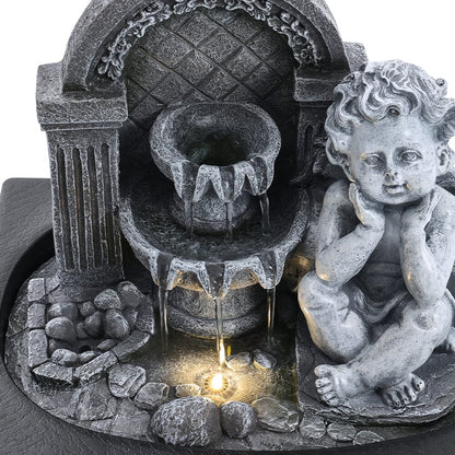 Grey Tabletop Resin Cherub Fountain with LED Light Indoor - House Comfort