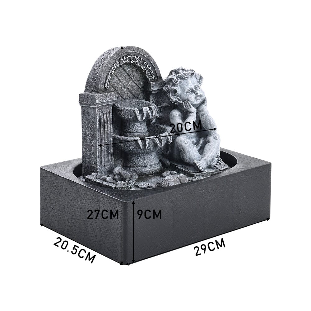 Grey Tabletop Resin Cherub Fountain with LED Light Indoor - House Comfort