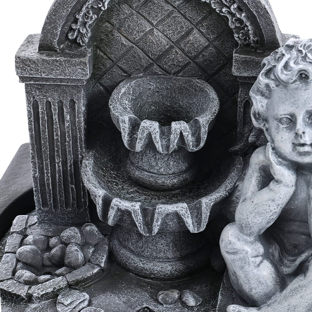 Grey Tabletop Resin Cherub Fountain with LED Light Indoor - House Comfort