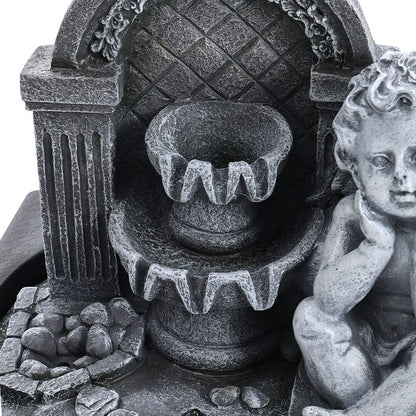 Grey Tabletop Resin Cherub Fountain with LED Light Indoor - House Comfort