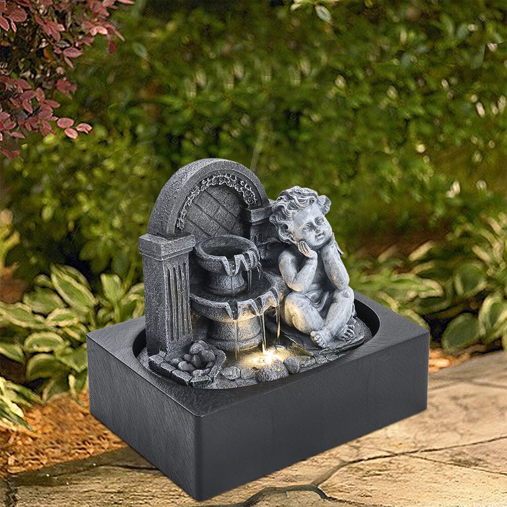 Grey Tabletop Resin Cherub Fountain with LED Light Indoor - House Comfort