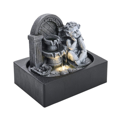 Grey Tabletop Resin Cherub Fountain with LED Light Indoor - House Comfort