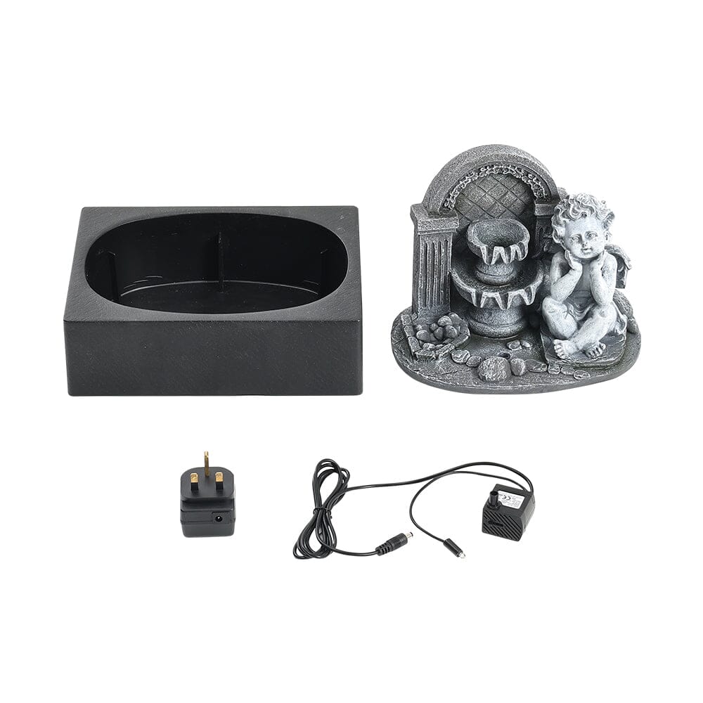 Grey Tabletop Resin Cherub Fountain with LED Light Indoor - House Comfort