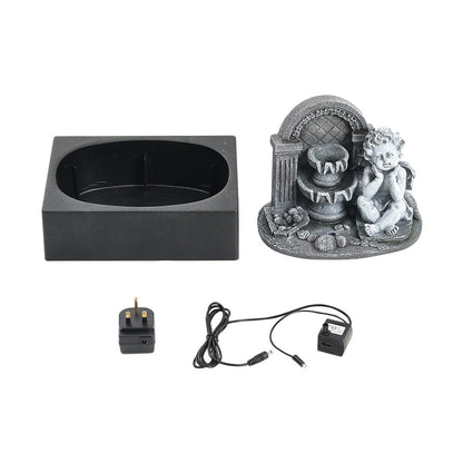 Grey Tabletop Resin Cherub Fountain with LED Light Indoor - House Comfort