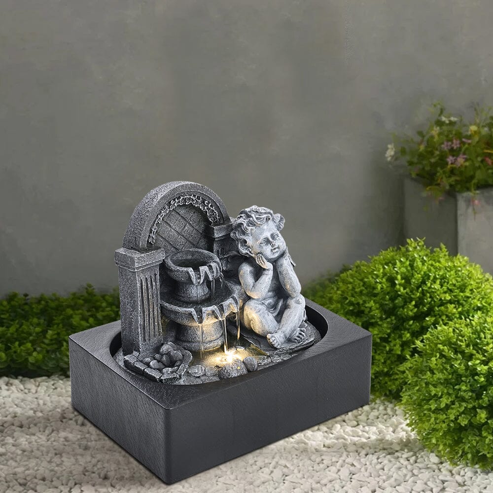 Grey Tabletop Resin Cherub Fountain with LED Light Indoor - House Comfort
