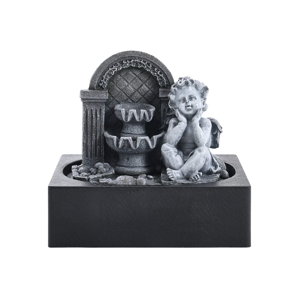 Grey Tabletop Resin Cherub Fountain with LED Light Indoor - House Comfort