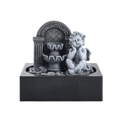 Grey Tabletop Resin Cherub Fountain with LED Light Indoor - House Comfort