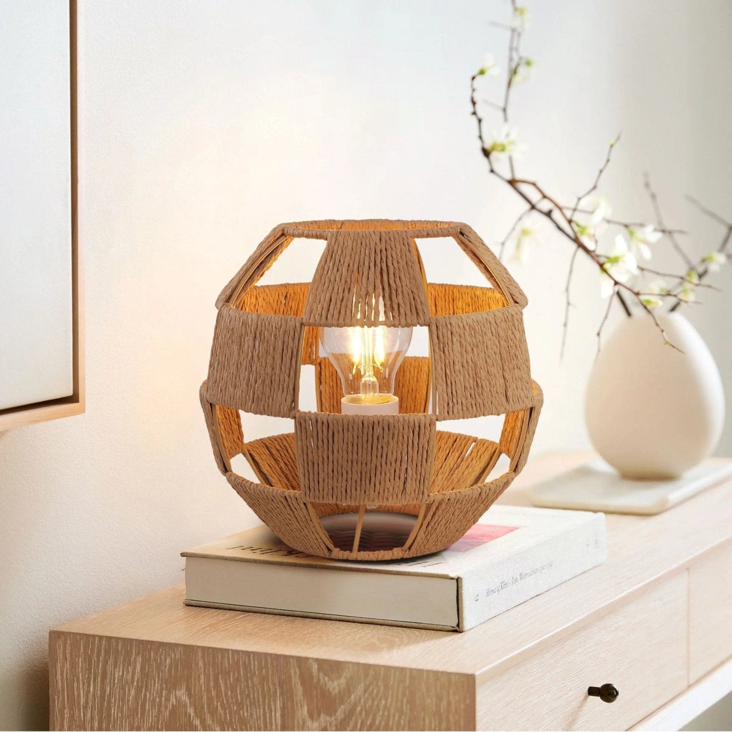 Handwoven Jute Globe Table Lamp - Eco - friendly Spherical Bedside Desk Lighting - House Comfort
