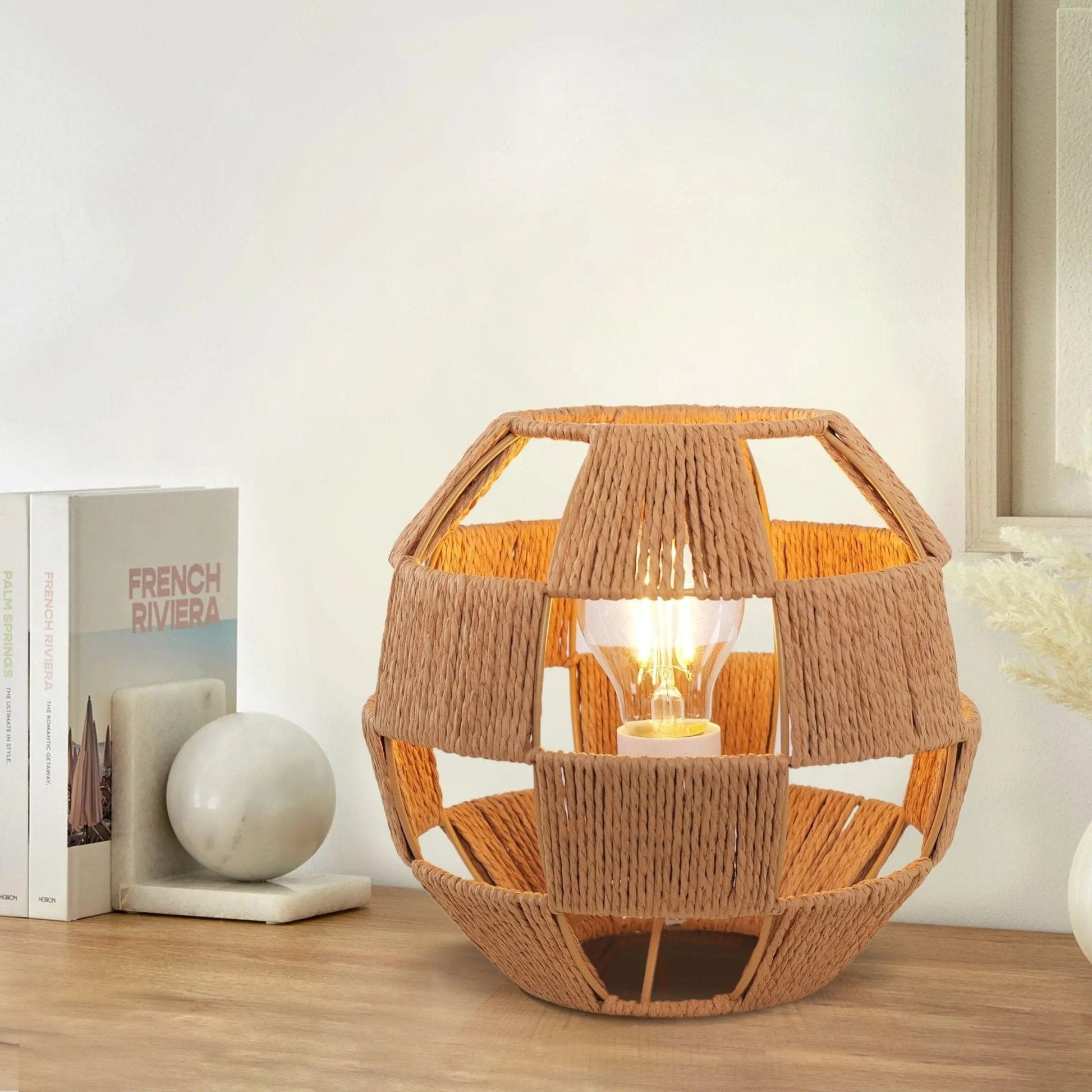 Handwoven Jute Globe Table Lamp - Eco - friendly Spherical Bedside Desk Lighting - House Comfort
