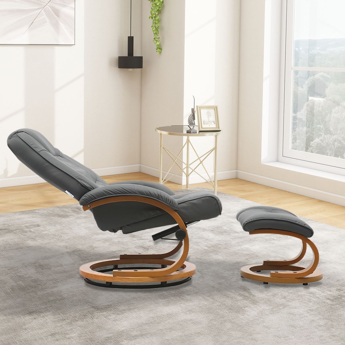 Leather Recliner Armchair with Footstool PU High Back - House Comfort