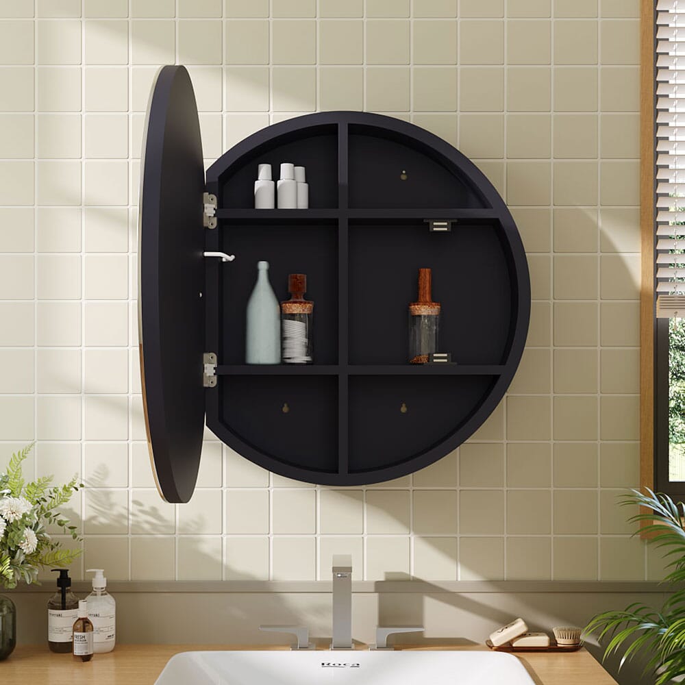 LED Dimmable Wall - Mounted Anti - fog Round Mirror Cabinet Bathroom Storage Decor - House Comfort