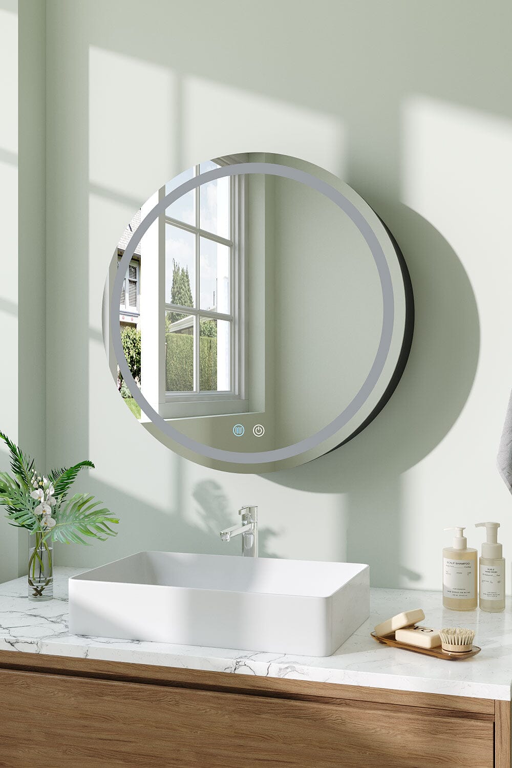 LED Dimmable Wall - Mounted Anti - fog Round Mirror Cabinet Bathroom Storage Decor - House Comfort