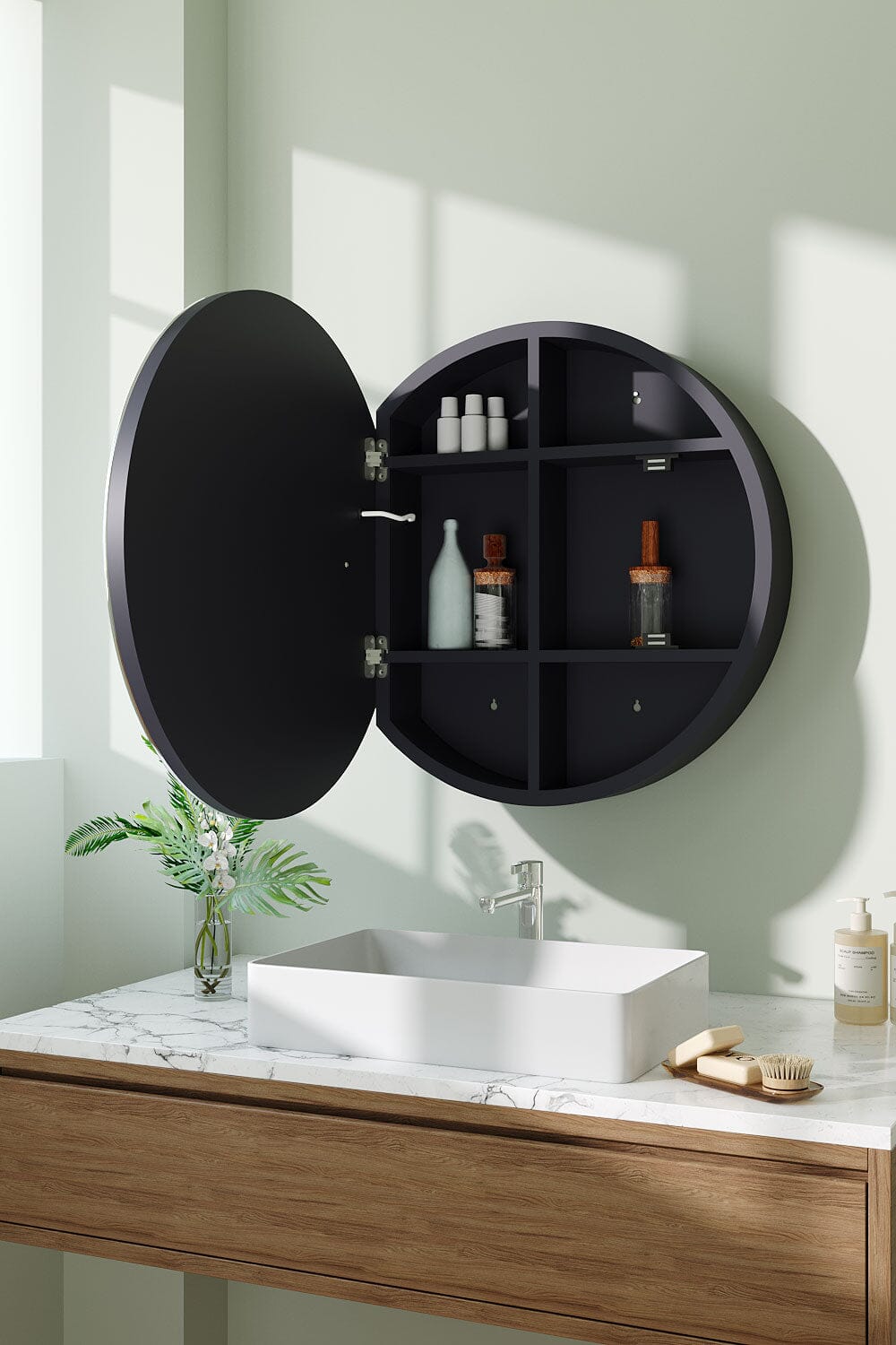 LED Dimmable Wall - Mounted Anti - fog Round Mirror Cabinet Bathroom Storage Decor - House Comfort