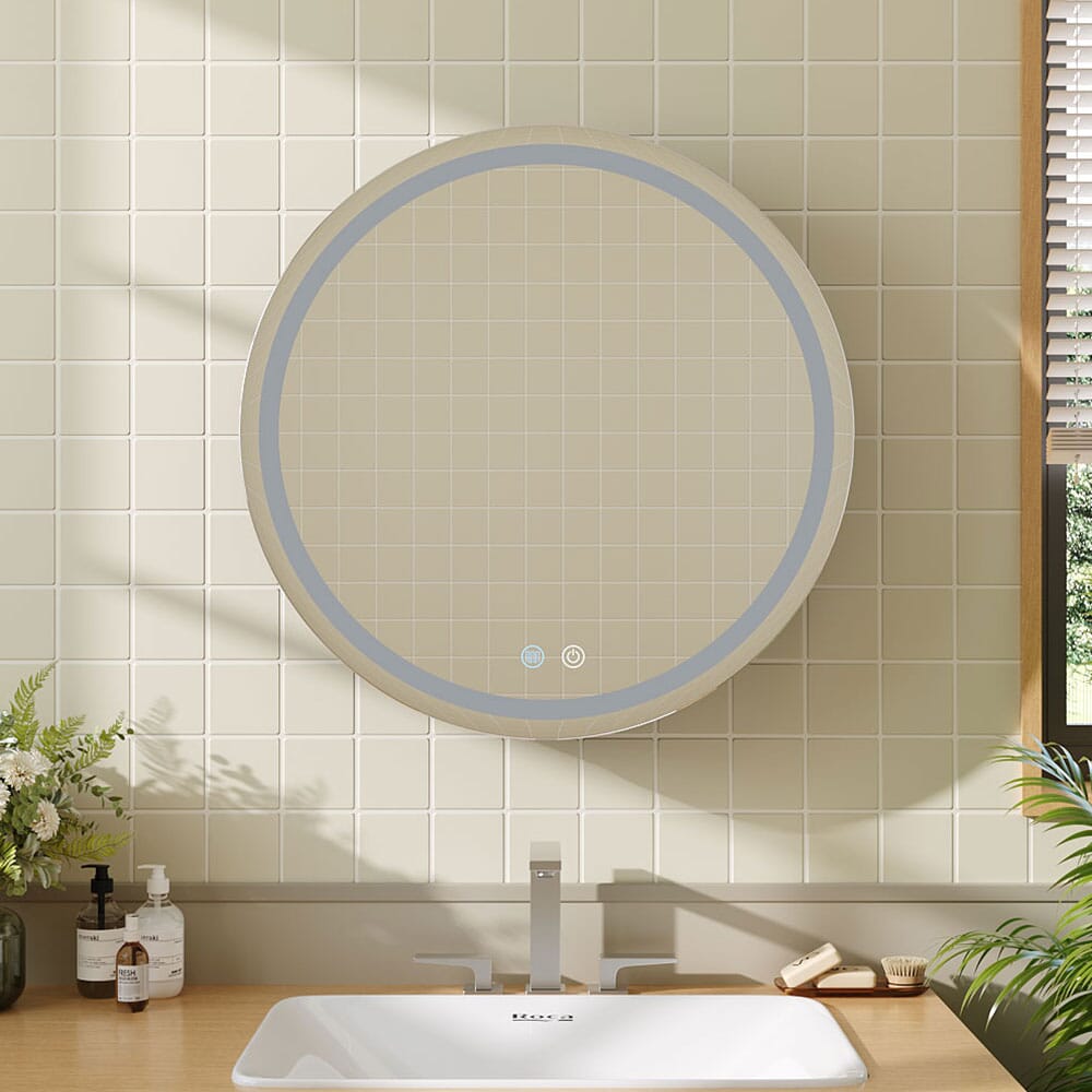 LED Dimmable Wall - Mounted Anti - fog Round Mirror Cabinet Bathroom Storage Decor - House Comfort