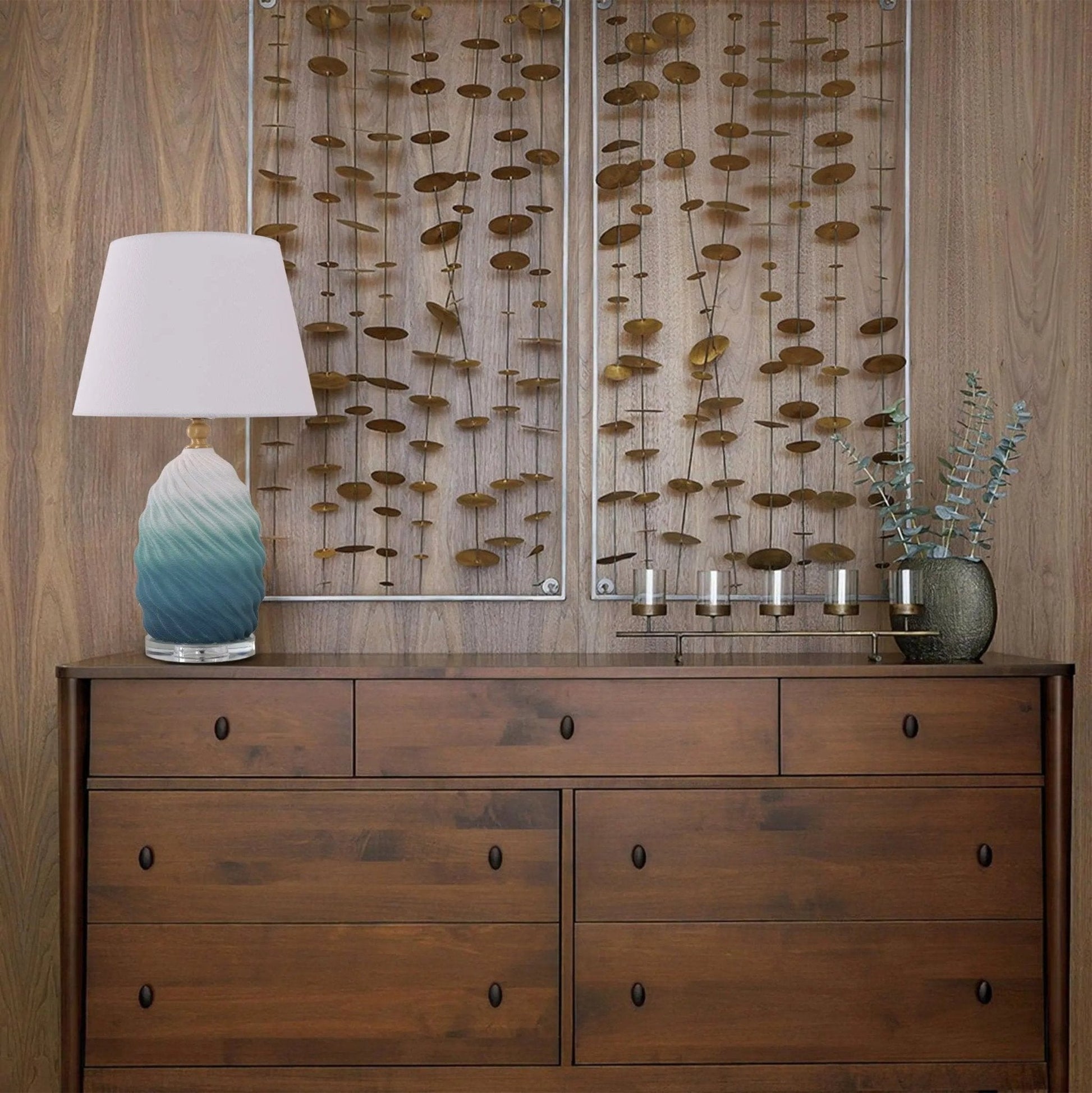 Lightsin 3D Blue Green White Gradient Threaded Ceramic Table Lamp with Fabric Shade - House Comfort