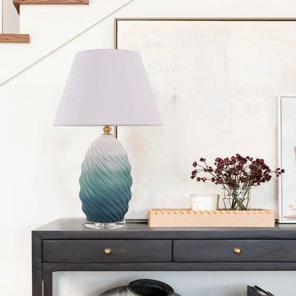 Lightsin 3D Blue Green White Gradient Threaded Ceramic Table Lamp with Fabric Shade - House Comfort