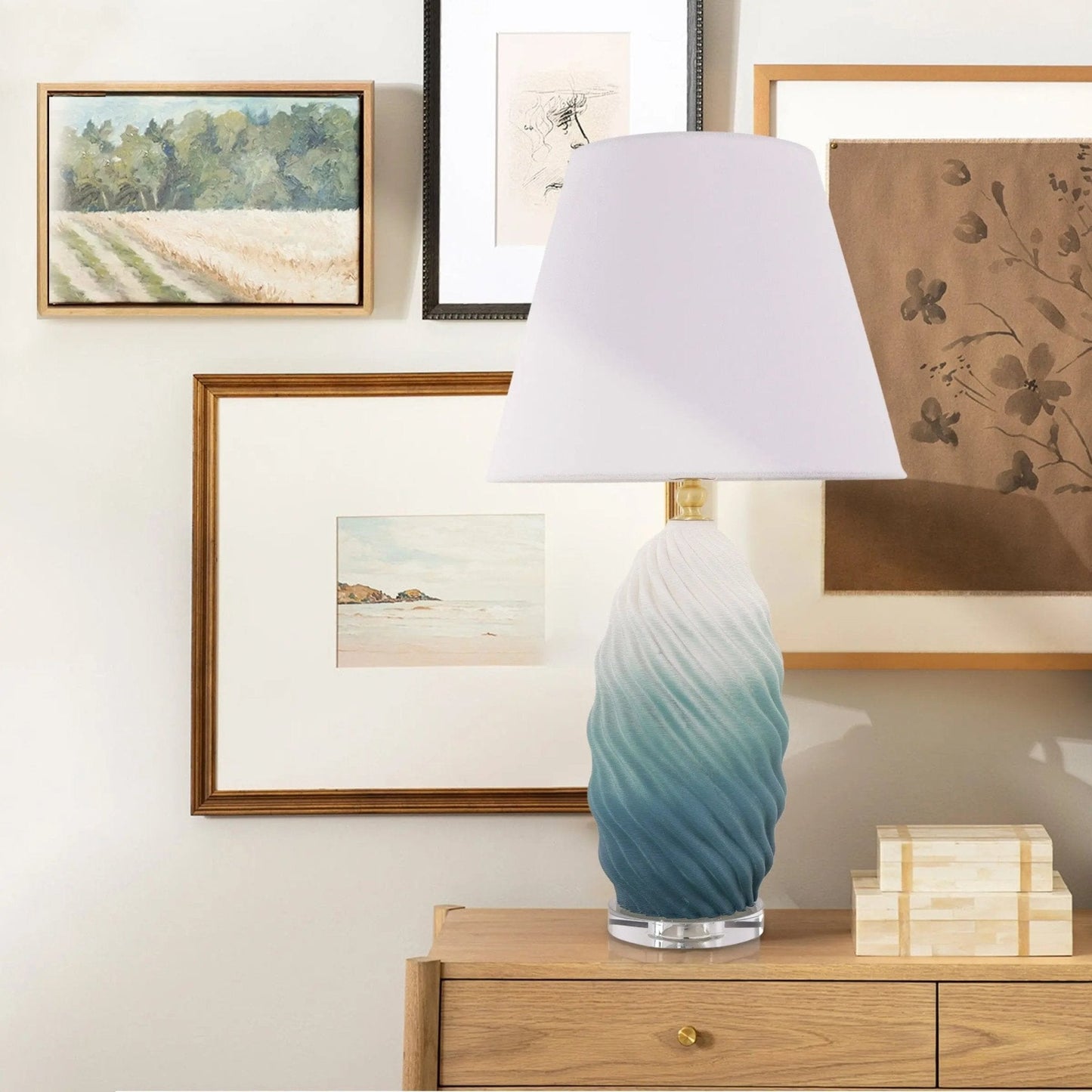 Lightsin 3D Blue Green White Gradient Threaded Ceramic Table Lamp with Fabric Shade - House Comfort