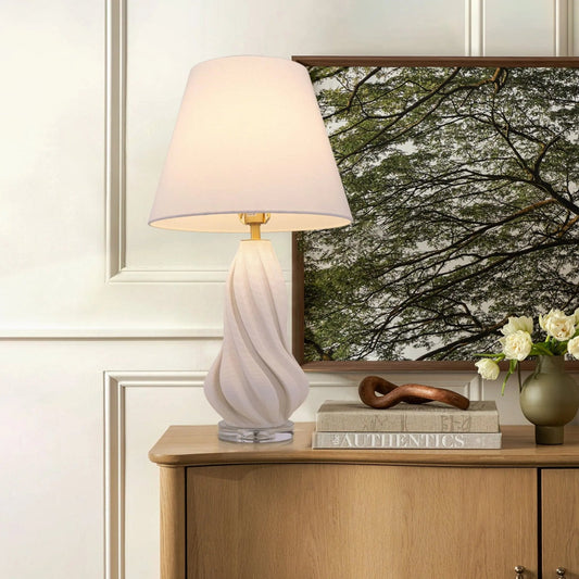 Lightsin 3D Pure White Ceramic Spiral Vase Table Lamp with Fabric Shade - House Comfort