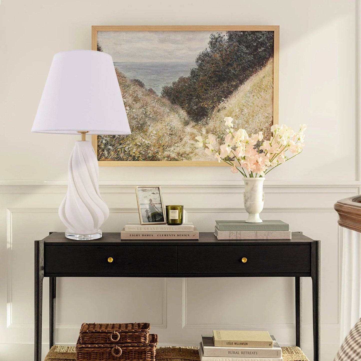 Lightsin 3D Pure White Ceramic Spiral Vase Table Lamp with Fabric Shade - House Comfort