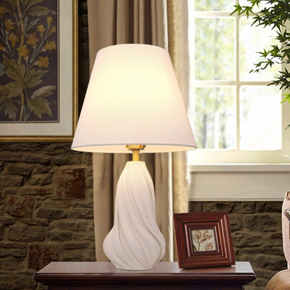 Lightsin 3D Pure White Ceramic Spiral Vase Table Lamp with Fabric Shade - House Comfort
