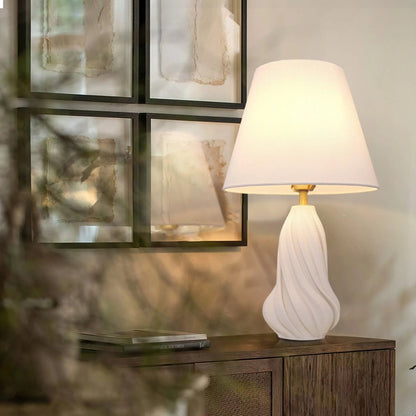 Lightsin 3D Pure White Ceramic Spiral Vase Table Lamp with Fabric Shade - House Comfort