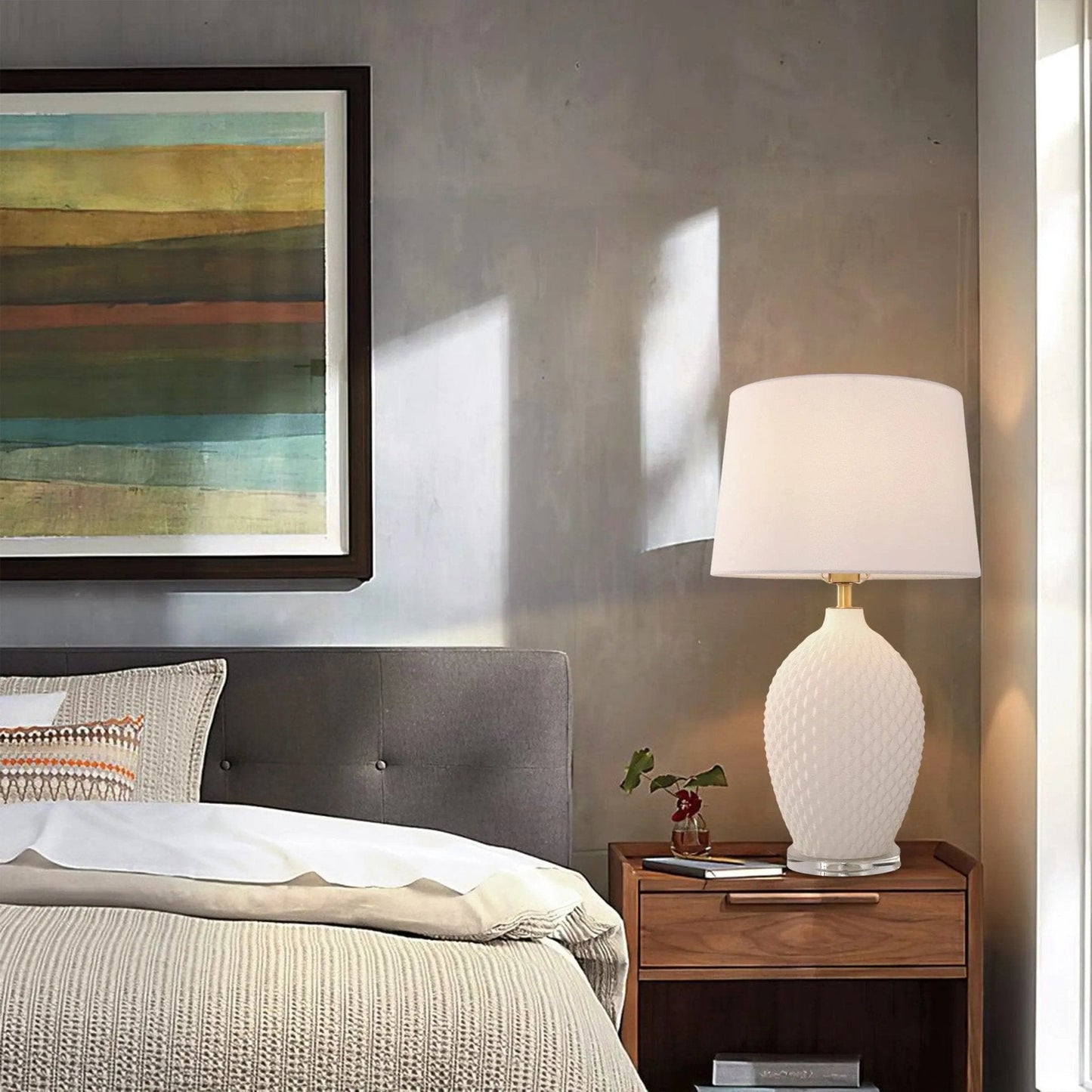 Lightsin 3D Pure White Diamond Embossed Relief Pattern Ceramic Table Lamp - House Comfort