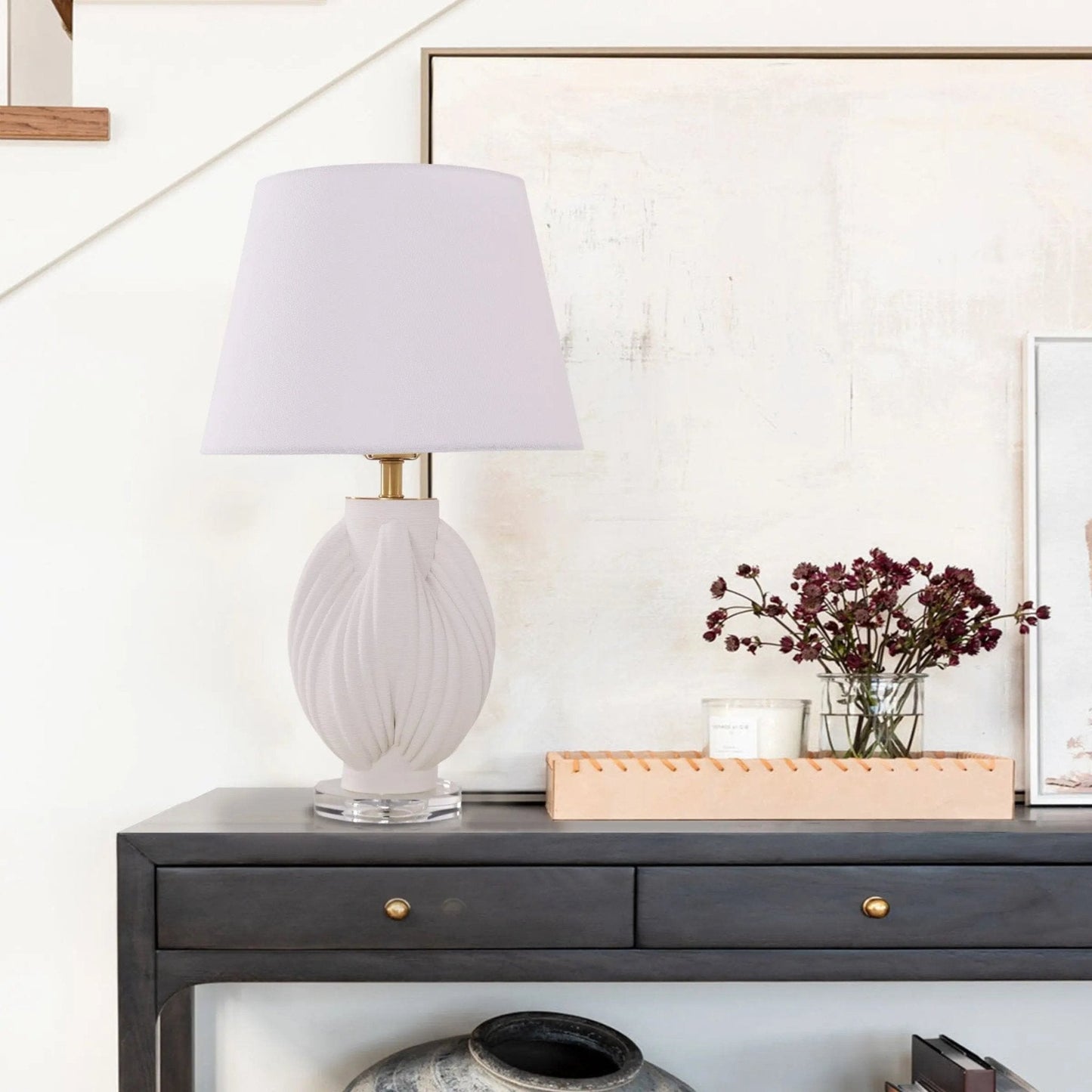 Lightsin 3D Pure White Pod Threaded Ceramic Table Lamp with Fabric Shade - House Comfort