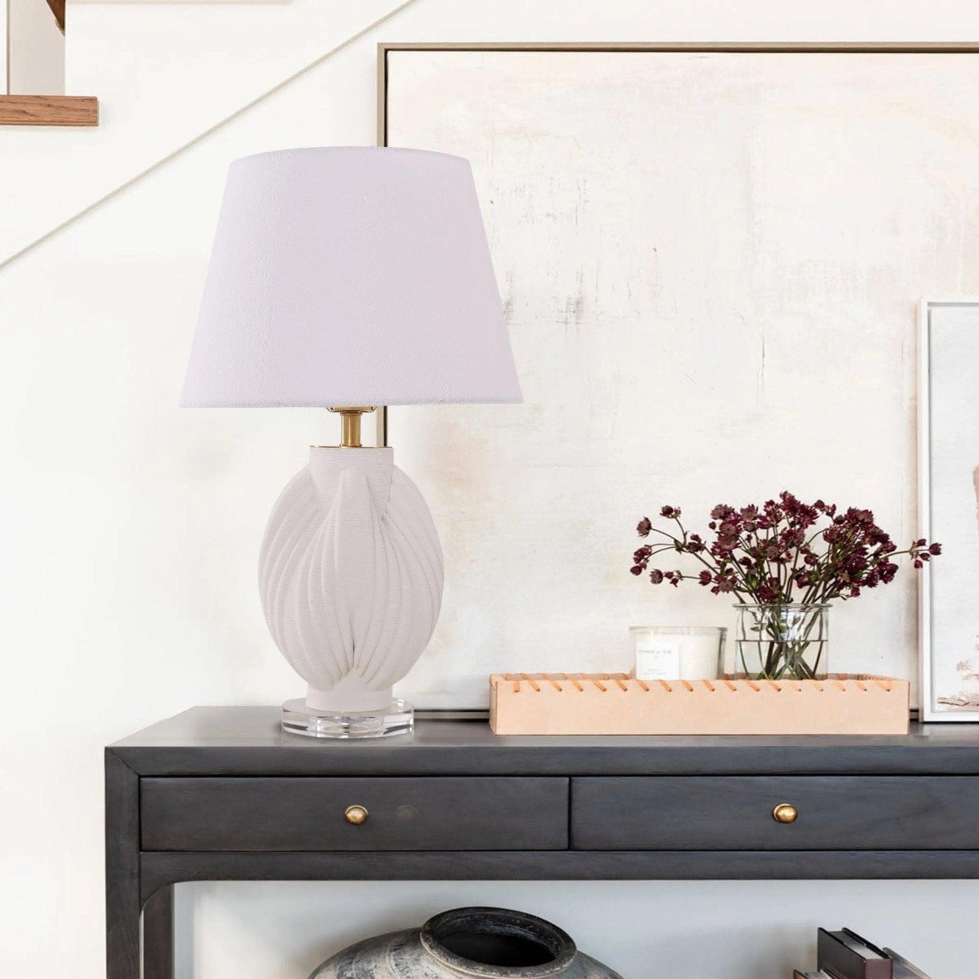 Lightsin 3D Pure White Pod Threaded Ceramic Table Lamp with Fabric Shade - House Comfort