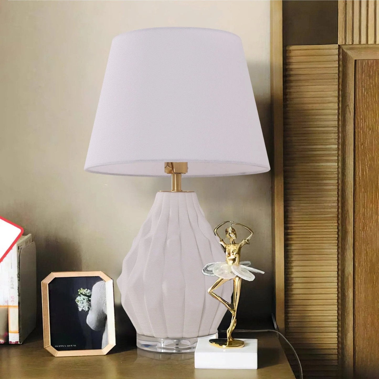 Lightsin 3D Pure White Polygonal Textured Ceramic Table Lamp with Fabric Shade - House Comfort