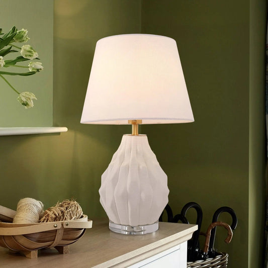 Lightsin 3D Pure White Polygonal Textured Ceramic Table Lamp with Fabric Shade - House Comfort