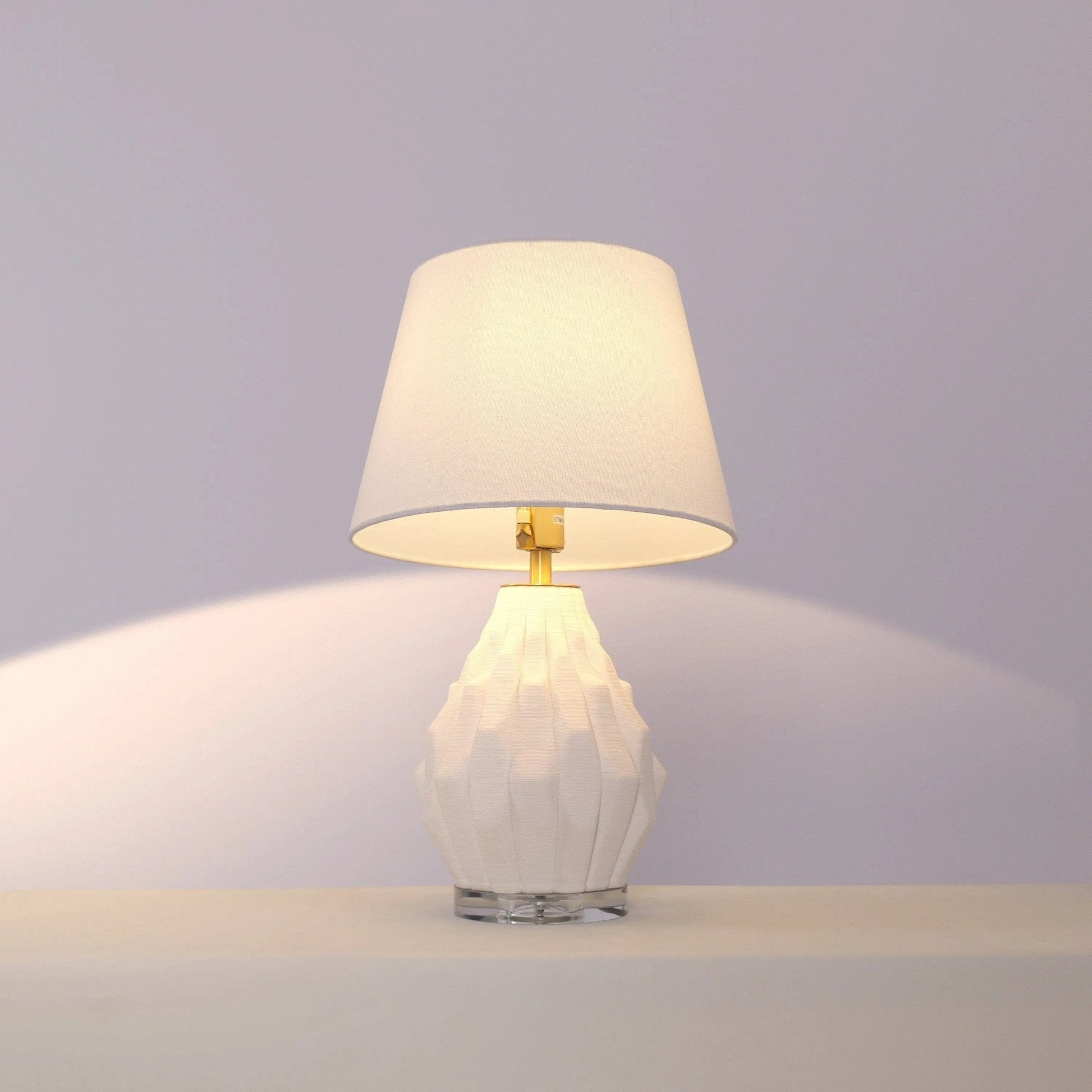 Lightsin 3D Pure White Polygonal Textured Ceramic Table Lamp with Fabric Shade - House Comfort
