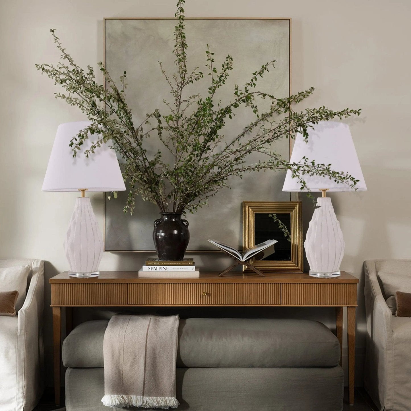 Lightsin 3D Pure White Polygonal Textured Ceramic Table Lamp with Fabric Shade - House Comfort