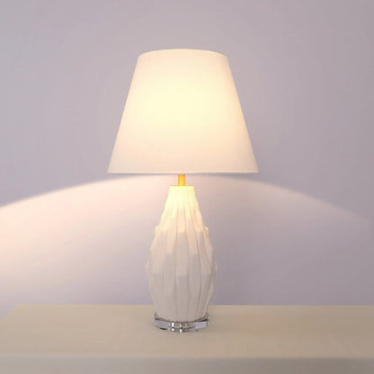 Lightsin 3D Pure White Polygonal Textured Ceramic Table Lamp with Fabric Shade - House Comfort
