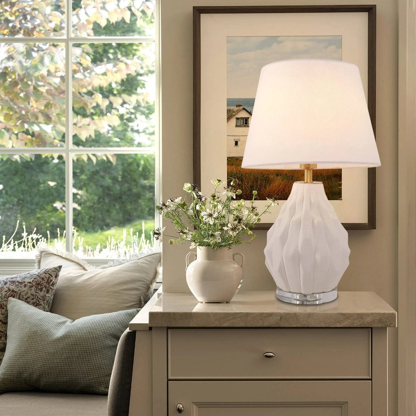 Lightsin 3D Pure White Polygonal Textured Ceramic Table Lamp with Fabric Shade - House Comfort