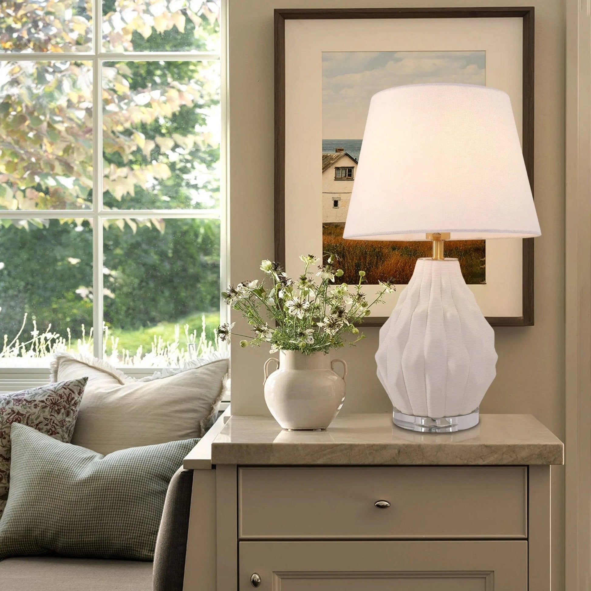 Lightsin 3D Pure White Polygonal Textured Ceramic Table Lamp with Fabric Shade - House Comfort