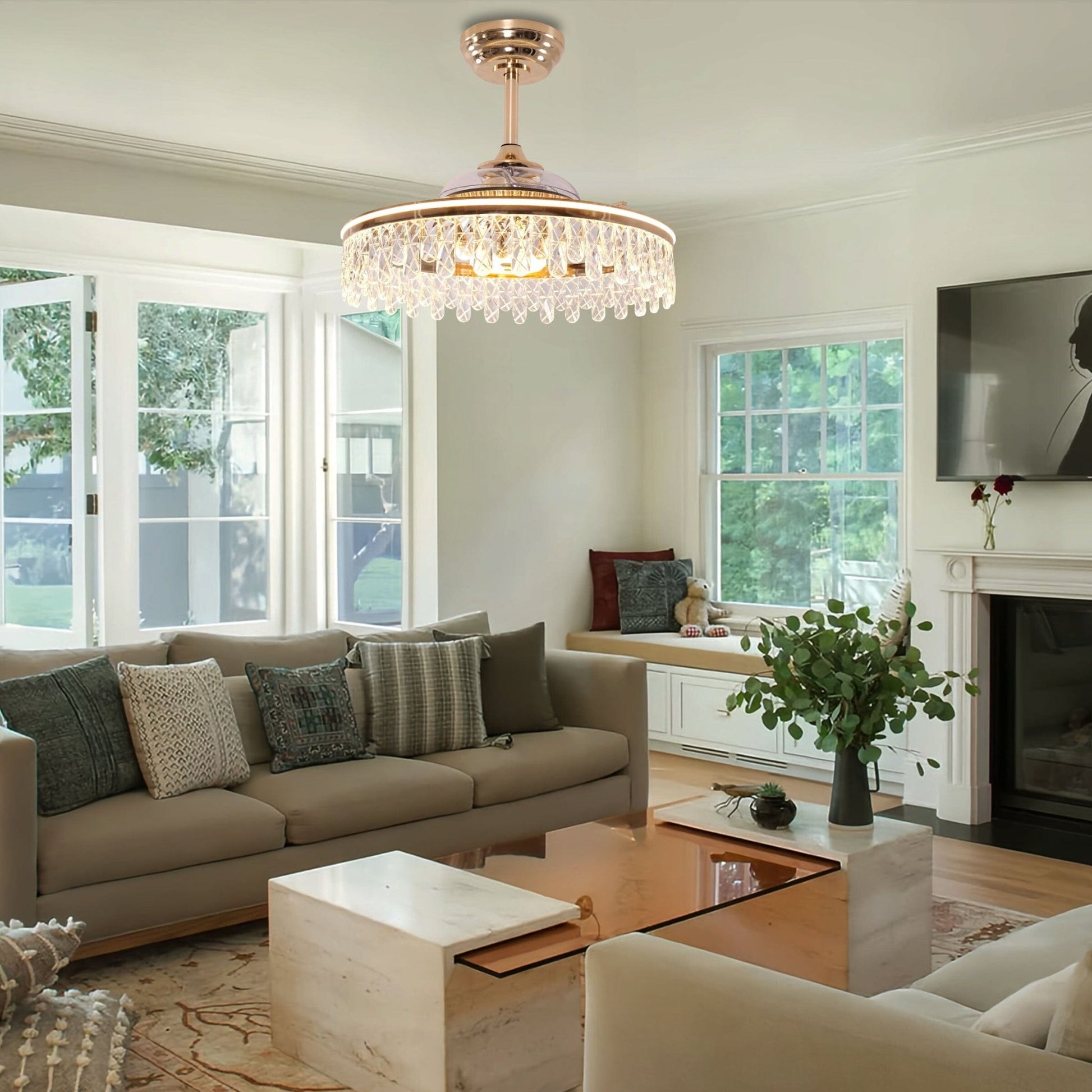 Lightsin 60cm Modern Gold Crystal Ceiling Fan with Light - House Comfort