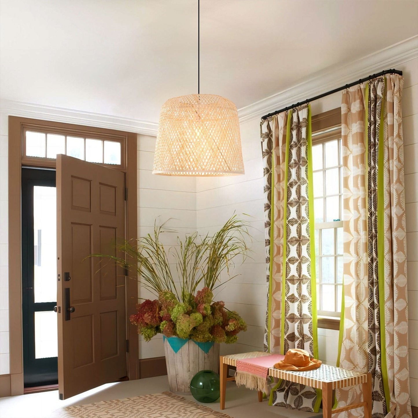 Lightsin Bamboo Pendant Light – Handwoven Cylindrical Ceiling Light with Cross - Weave Shade for Kitchen, Bedroom & Living Room - House Comfort