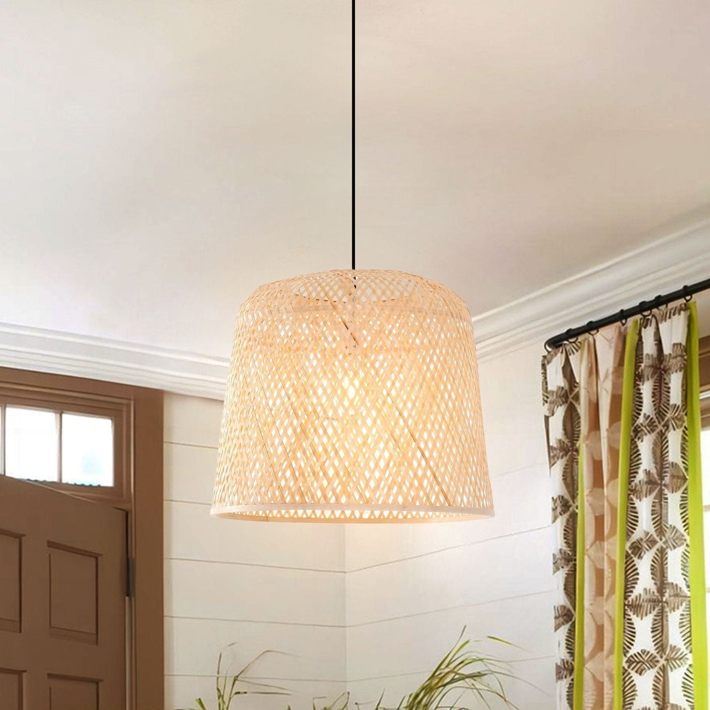 Lightsin Bamboo Pendant Light – Handwoven Cylindrical Ceiling Light with Cross - Weave Shade for Kitchen, Bedroom & Living Room - House Comfort