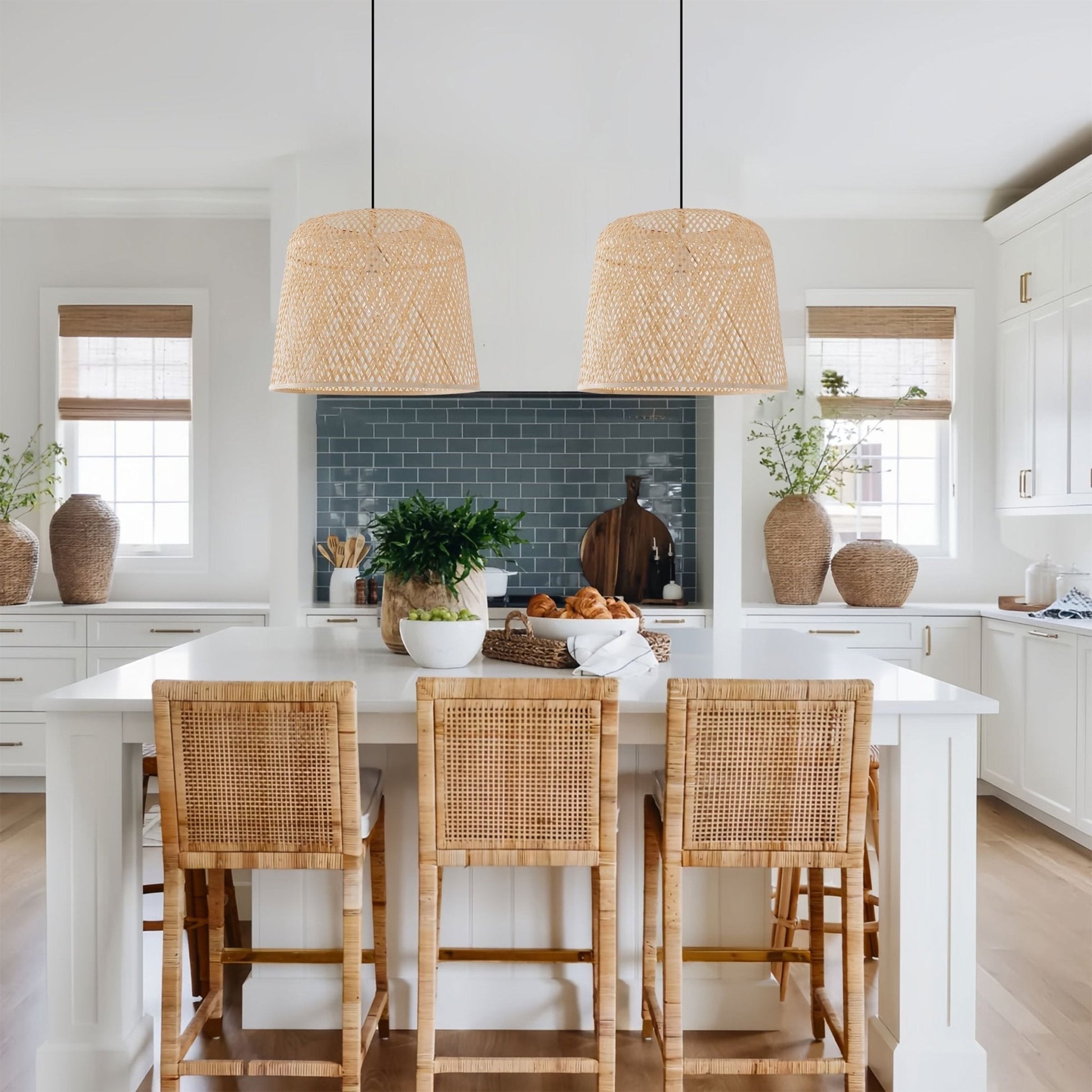 Lightsin Bamboo Pendant Light – Handwoven Cylindrical Ceiling Light with Cross - Weave Shade for Kitchen, Bedroom & Living Room - House Comfort