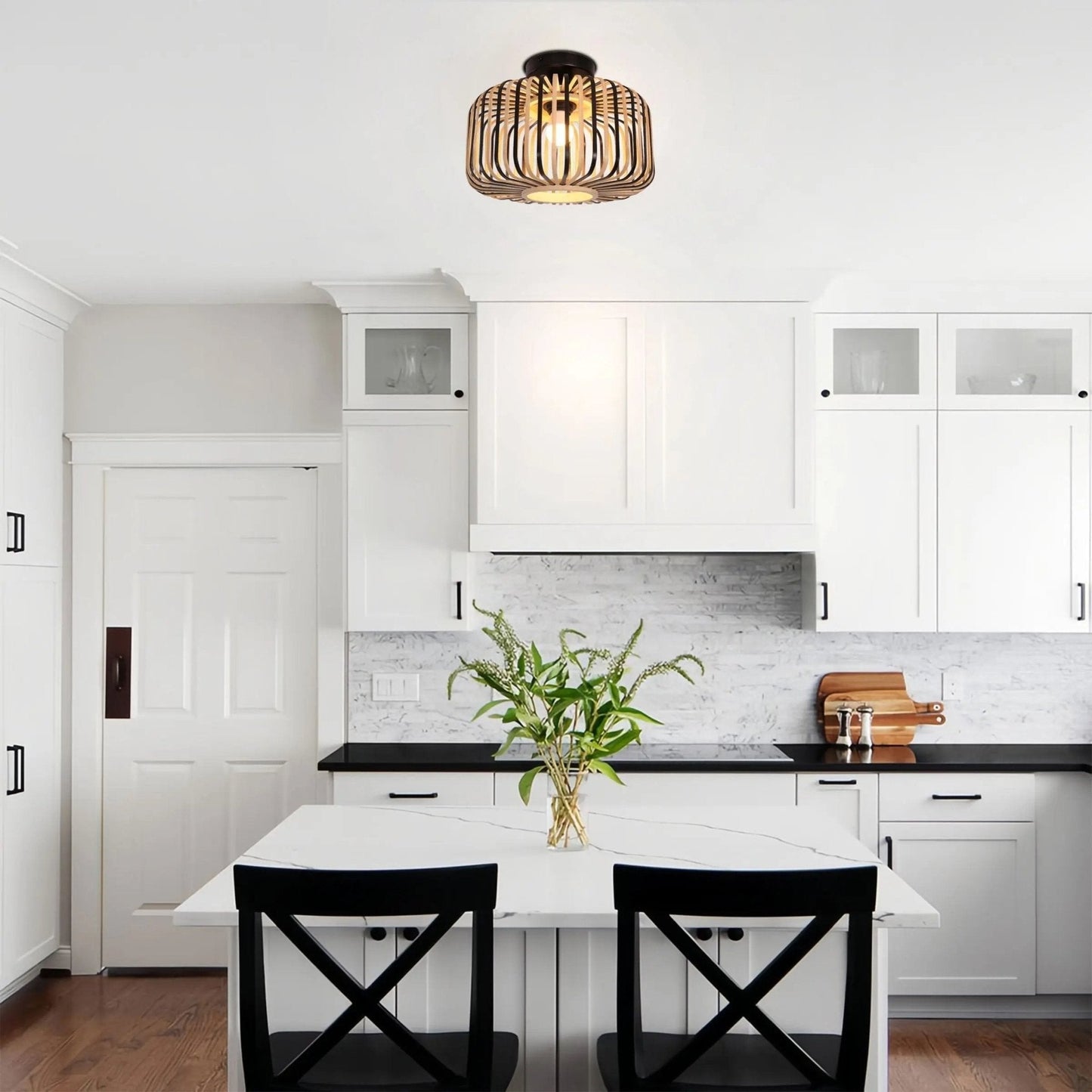 Lightsin Black Modern Ceiling Light – Handwoven Bamboo Pendant Light for Living Room, Bedroom & Kitchen - House Comfort