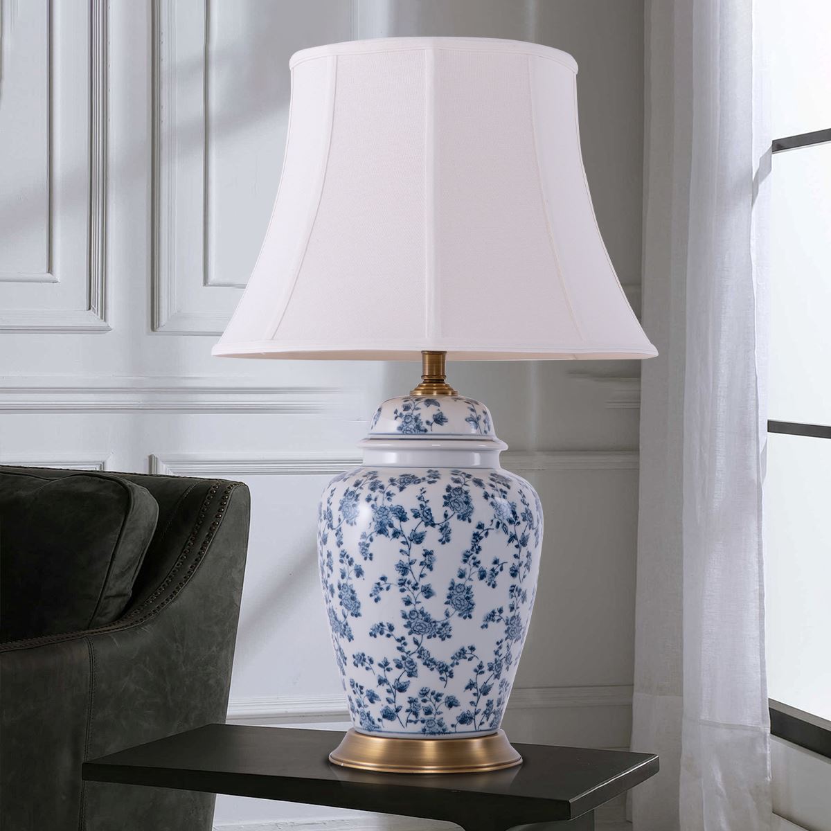 Lightsin Blue Floral Ceramic Table Lamp with Fabric Shade and Brass Base - House Comfort