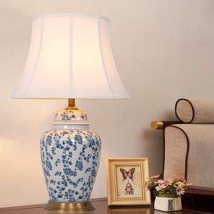 Lightsin Blue Floral Ceramic Table Lamp with Fabric Shade and Brass Base - House Comfort